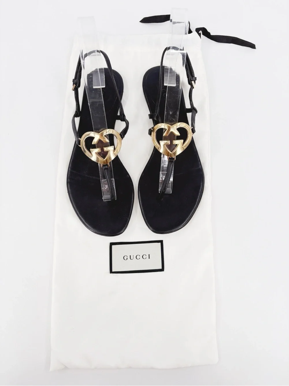GUCCI Interlocking GG Heart Logo Thong Sandals Black Leather 36